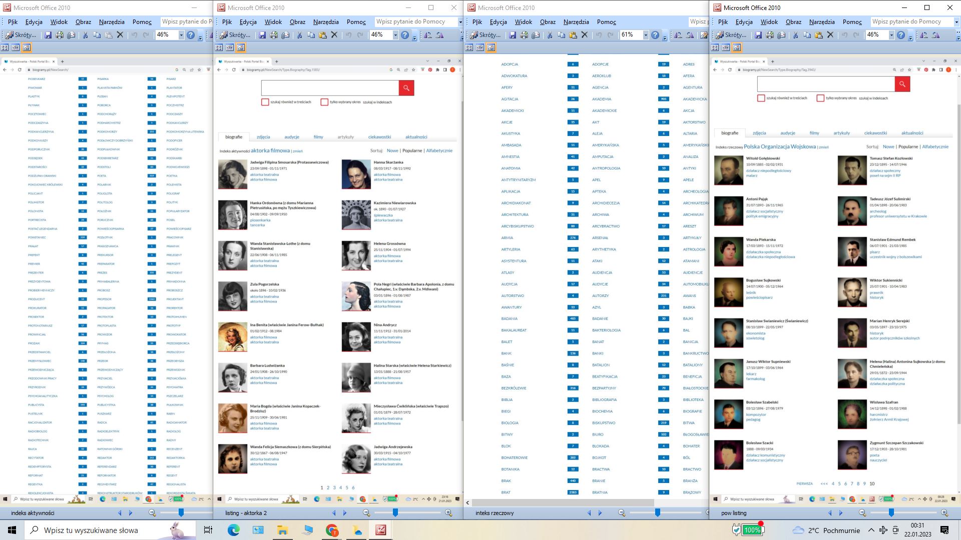 Zrzuty ekranu z fragmentem indeksu aktywności i rzeczowego wraz z przykładowym rozwinięciem wybranego hasła, w tym przypadku aktorka filmowa i Polska Organizacja Wojskowa.  